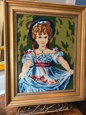 Framed Blue and Green Needlepoint Girl Wall Art